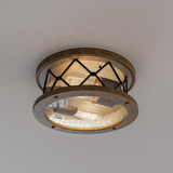 2-Light Flush Mount Ceiling Light - Modern Industrial Ceiling Light Fixture for Kitchen Hallway Bedroom, Matt Black+Wood Finish with Seeded Glass Cover - 5.83"H x 12"D