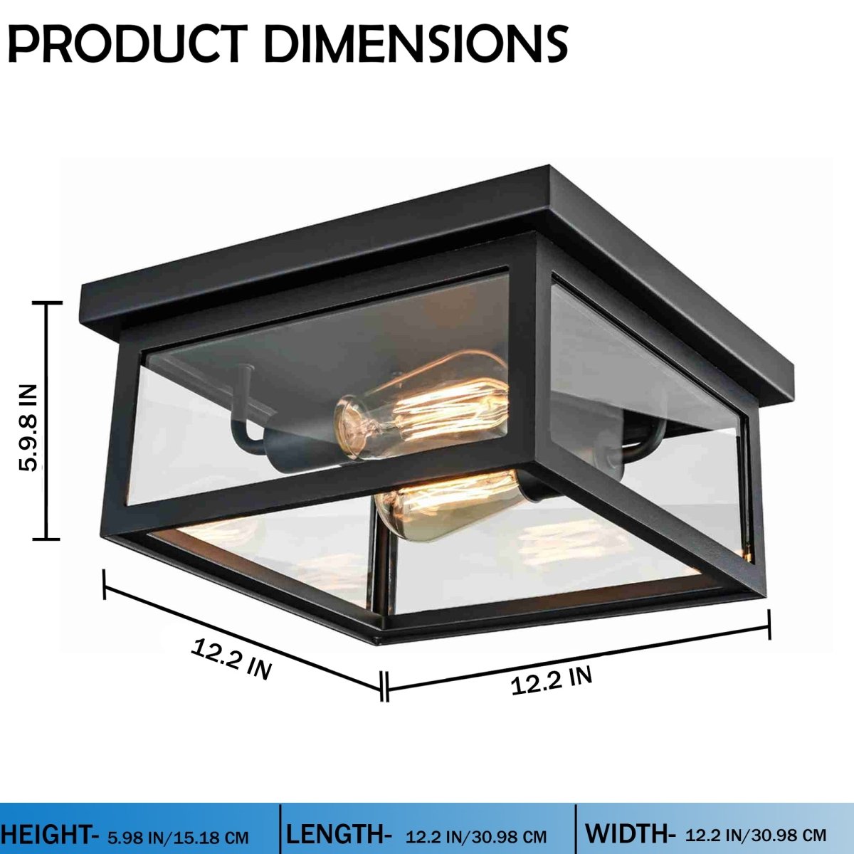 2-Light Outdoor Ceiling Lights Black Outdoor Flushmount - 12.2"L x 12.2"W x 5.98"H