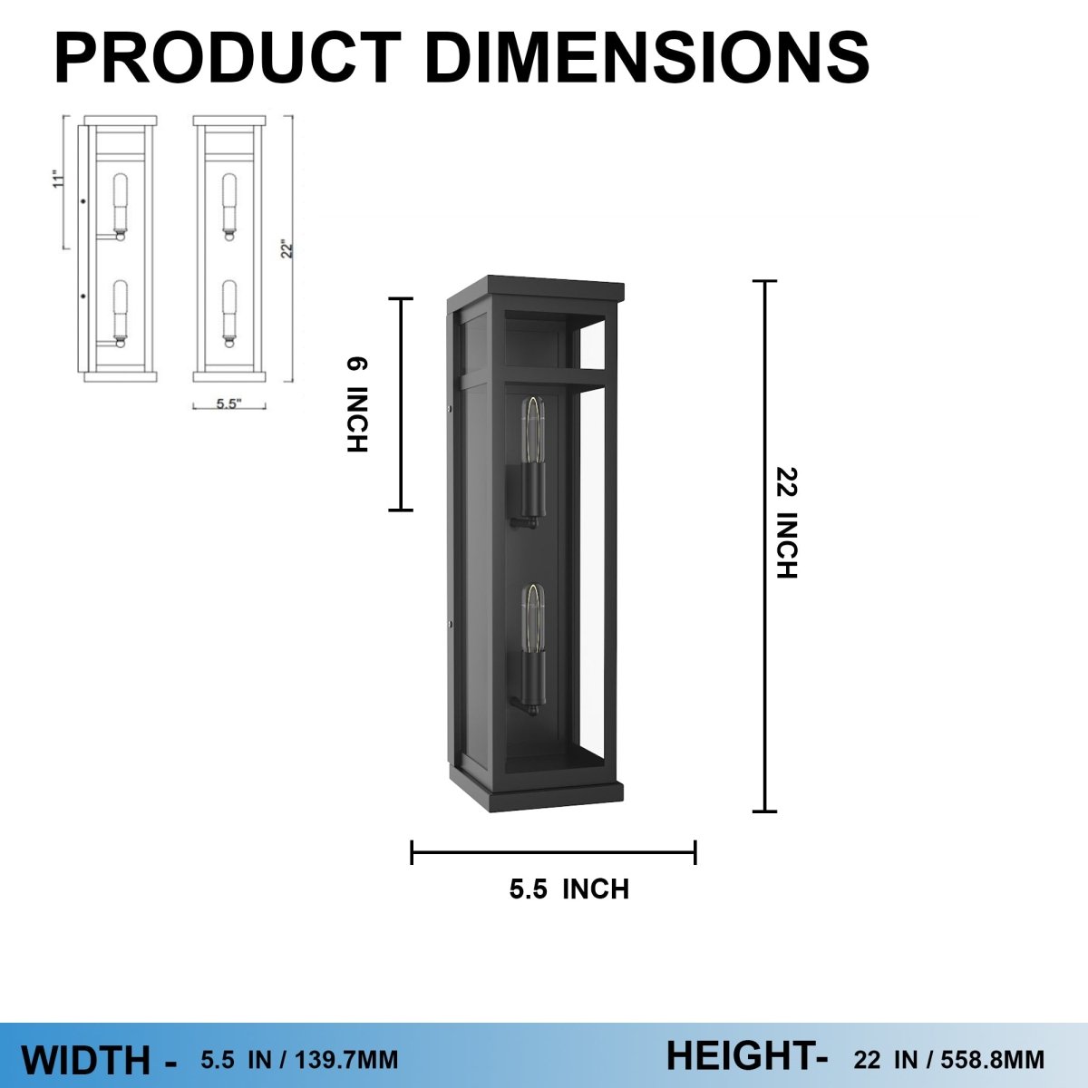 2-Light Wall Sconce, E12 Holder, 2X40W, Matte Black, Rectangular, Clear Glass Panels, 22" H x 5.5" W, Extends 6" from the wall
