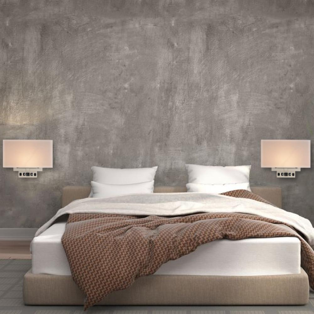 2-Light, Wall Sconce for Bedroom with 2 Switch, 2 USB, 2 Type C & 1 Outlet, White Fabric / Acrylic Shade, Wall Mounted Lamps for Hotel, Corridor and Restaurant