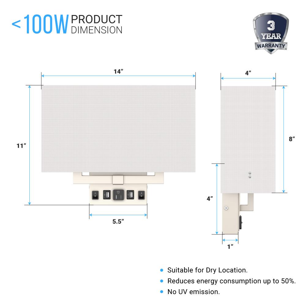 2-Light, Wall Sconce for Bedroom with 2 Switch, 2 USB, 2 Type C & 1 Outlet, White Fabric / Acrylic Shade, Wall Mounted Lamps for Hotel, Corridor and Restaurant