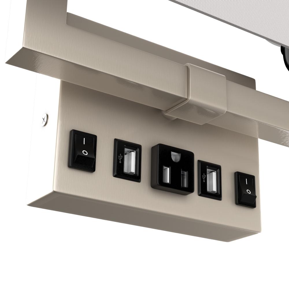 2-Light, Wall Sconce for Bedroom with 2 Switch, 2 USB, 2 Type C & 1 Outlet, White Fabric / Acrylic Shade, Wall Mounted Lamps for Hotel, Corridor and Restaurant