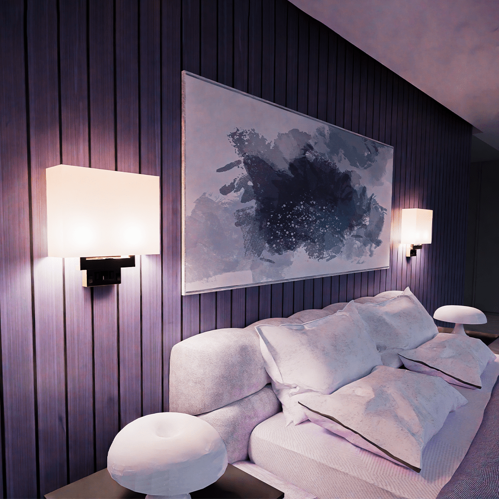 2-Light, Wall Sconce for Bedroom with 2 Switch, 2 USB, 2 Type C & 1 Outlet, White Fabric / Acrylic Shade, Wall Mounted Lamps for Hotel, Corridor and Restaurant