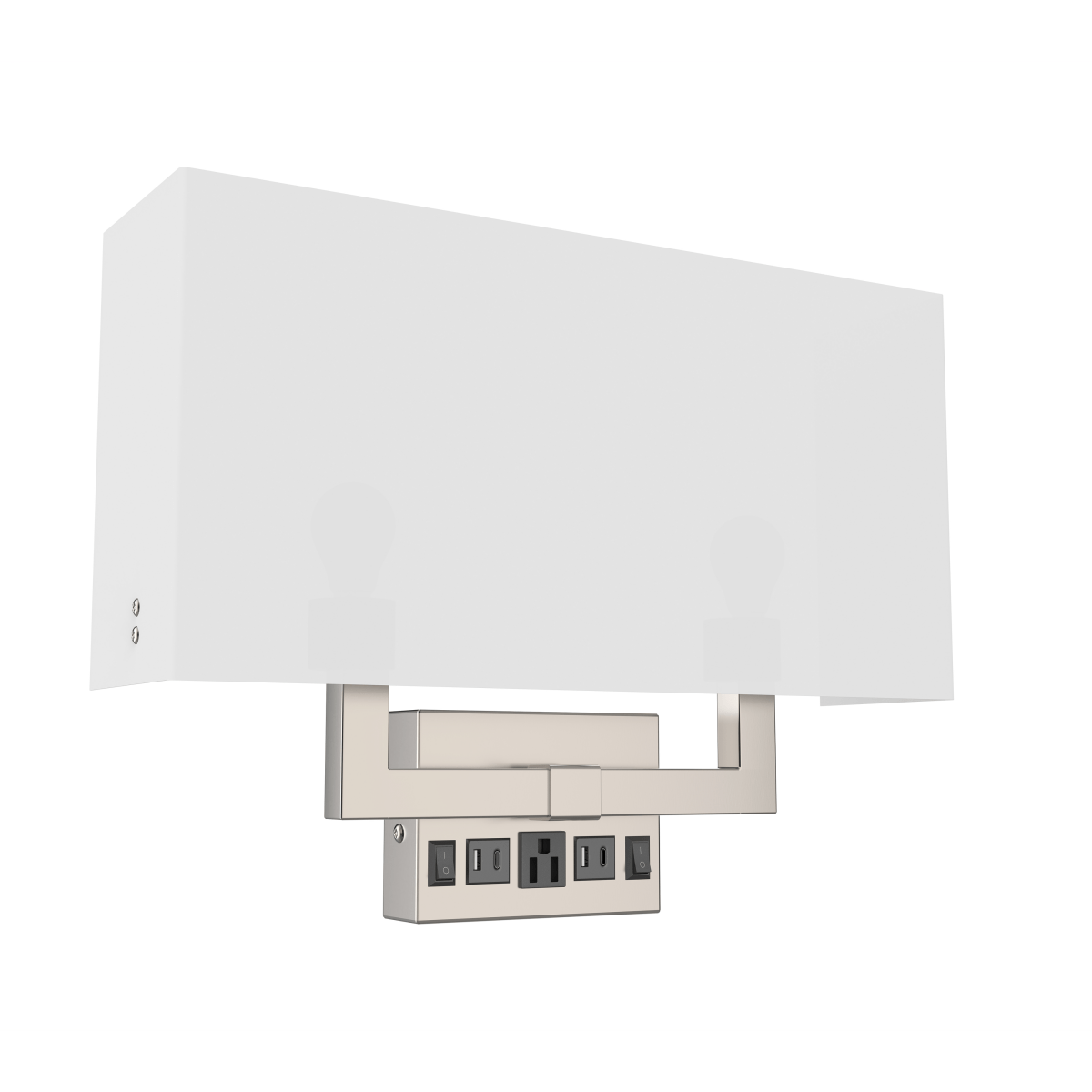 2-Light, Wall Sconce for Bedroom with 2 Switch, 2 USB, 2 Type C & 1 Outlet, White Fabric / Acrylic Shade, Wall Mounted Lamps for Hotel, Corridor and Restaurant