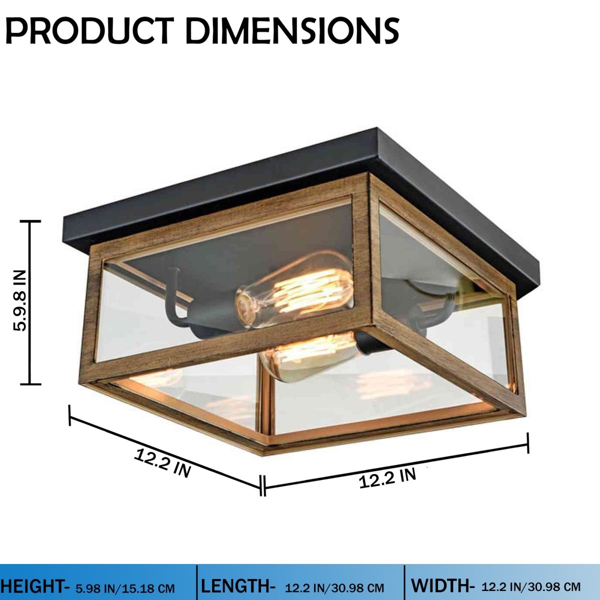 2-Light Wood Frame Flush Mount Ceiling Light with Black Sockets - 12.2"L x 12.2"W x 5.98"H