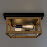 2-Light Wood Frame Flush Mount Ceiling Light with Black Sockets - 12.2"L x 12.2"W x 5.98"H