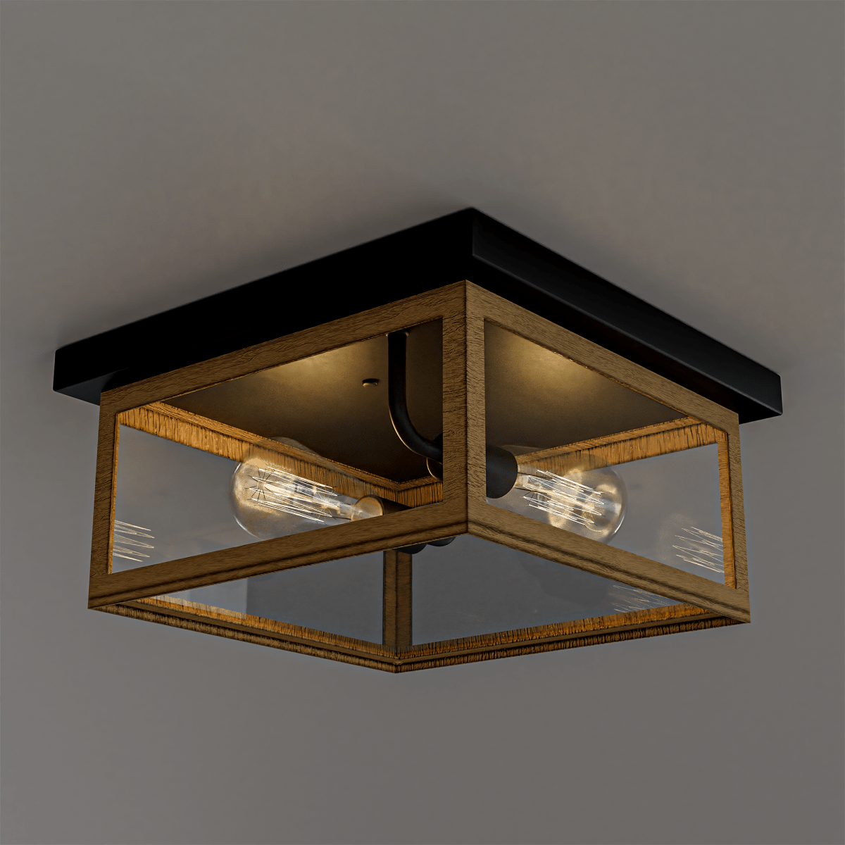 2-Light Wood Frame Flush Mount Ceiling Light with Black Sockets - 12.2"L x 12.2"W x 5.98"H