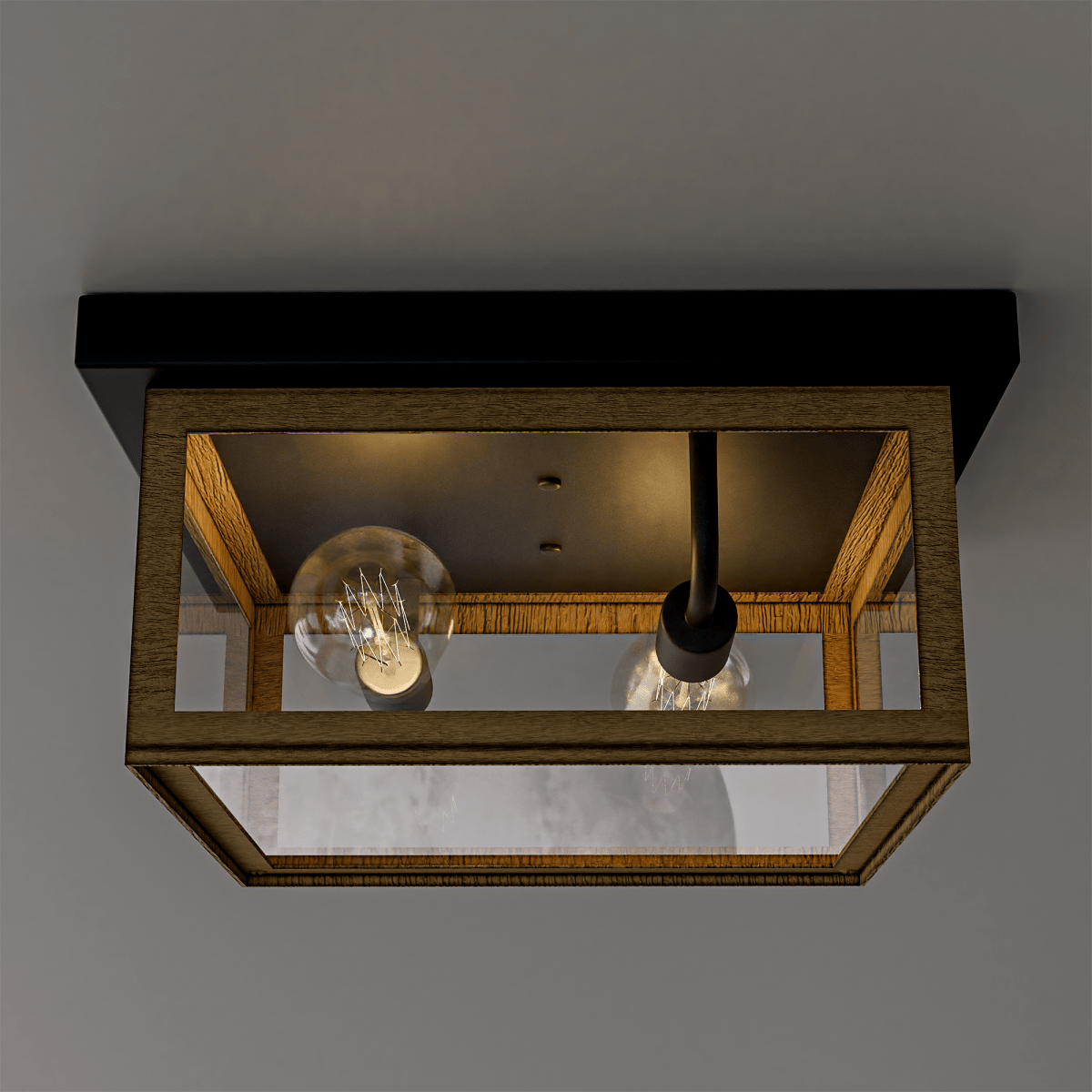 2-Light Wood Frame Flush Mount Ceiling Light with Black Sockets - 12.2"L x 12.2"W x 5.98"H