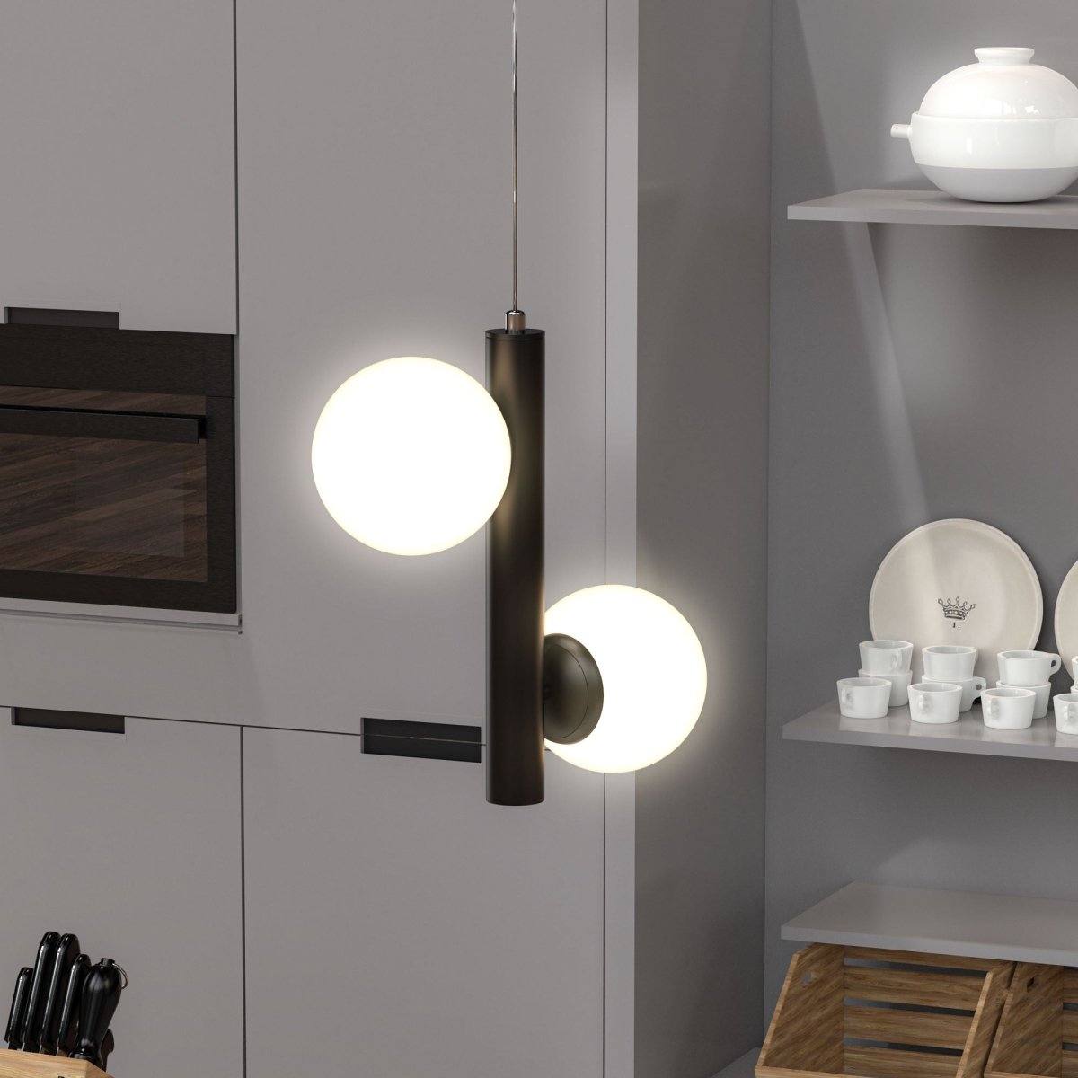 2-Lights, Globe Pendant Chandelier, 17W, 3000K, Matte Black Body Finish, Dimmable