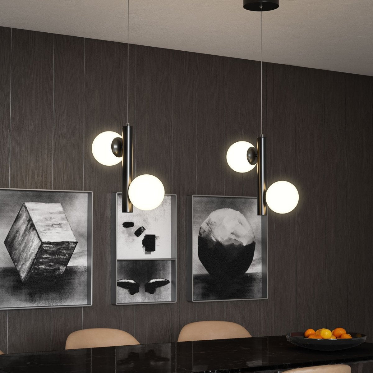 2-Lights, Globe Pendant Chandelier, 17W, 3000K, Matte Black Body Finish, Dimmable