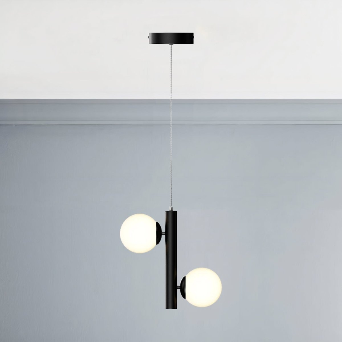2-Lights, Globe Pendant Chandelier, 17W, 3000K, Matte Black Body Finish, Dimmable