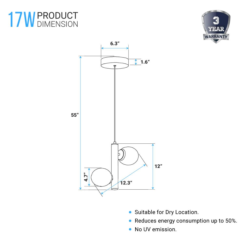 2-Lights, Globe Pendant Chandelier, 17W, 3000K, Matte Black Body Finish, Dimmable