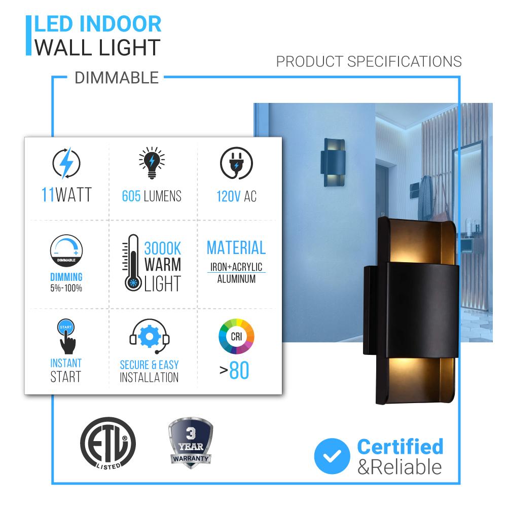 2-Lights, Indoor LED Wall Sconce 11W 3000K (Warm White) 605LM 120V CRI: 80+, Dimmable, Living Room Wall Lighting