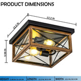 2-Lights Indoor Outdoor Flush Mount Ceiling Lamp Farmhouse Close to Ceiling Light Fixtures with Wood Texture Finish for Kitchen Dining Room Bedroom Porch Hallway Entryway - 12.2"L x 12.2"W x 5.98"H
