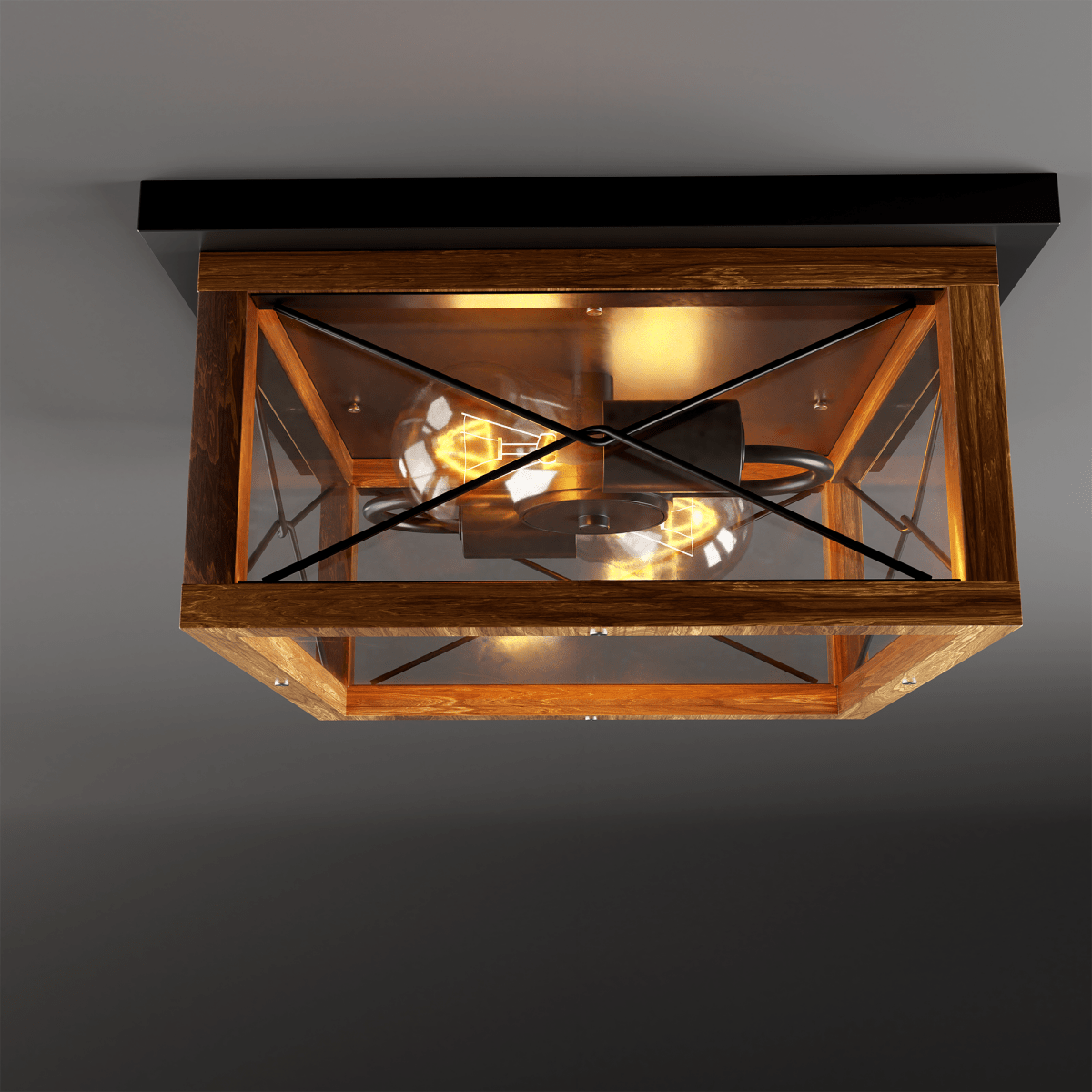2-Lights Indoor Outdoor Flush Mount Ceiling Lamp Farmhouse Close to Ceiling Light Fixtures with Wood Texture Finish for Kitchen Dining Room Bedroom Porch Hallway Entryway - 12.2"L x 12.2"W x 5.98"H
