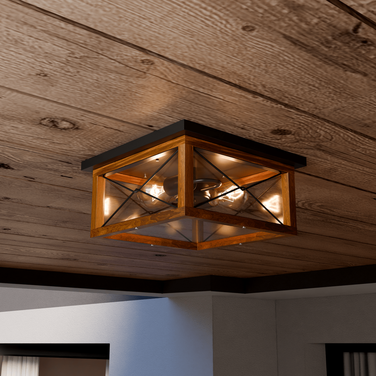 2-Lights Indoor Outdoor Flush Mount Ceiling Lamp Farmhouse Close to Ceiling Light Fixtures with Wood Texture Finish for Kitchen Dining Room Bedroom Porch Hallway Entryway - 12.2"L x 12.2"W x 5.98"H