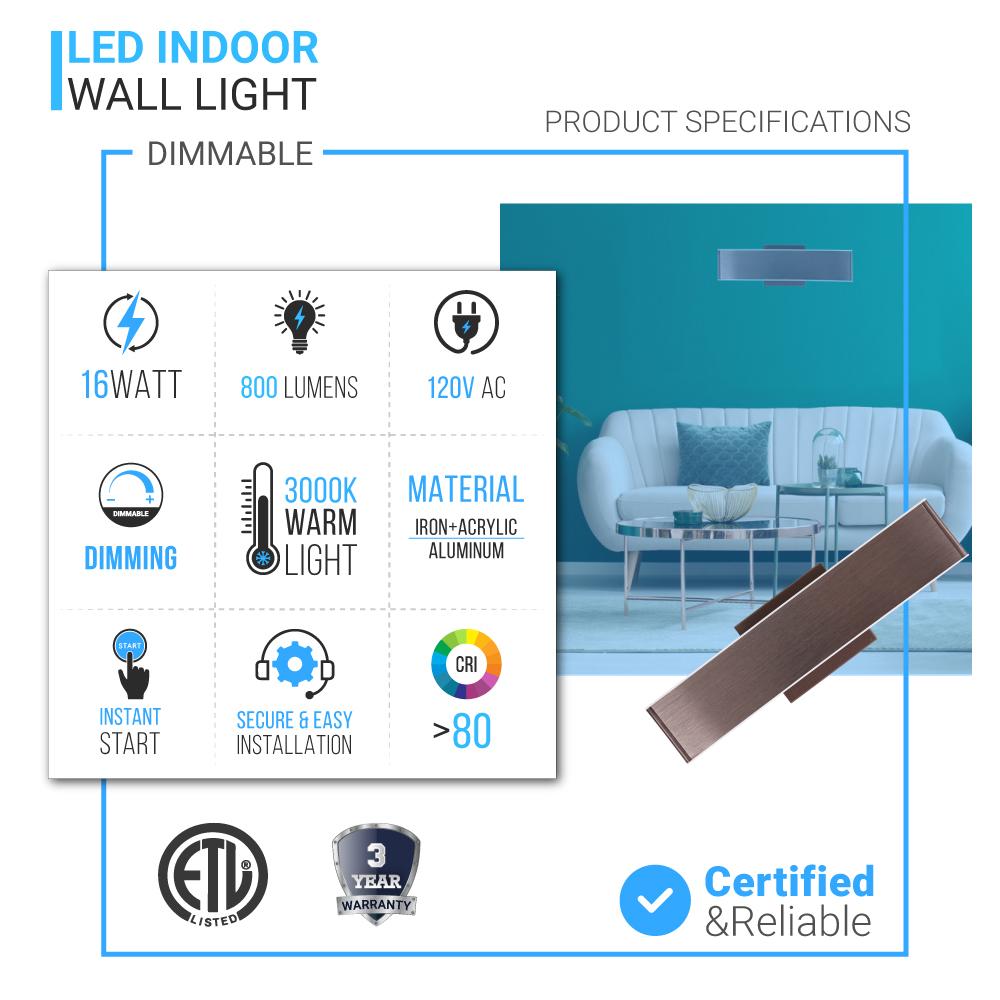 2-Lights, Indoor Rectangular Wall Sconce with Brushed brown Body Finish, 3000K, Dimmable