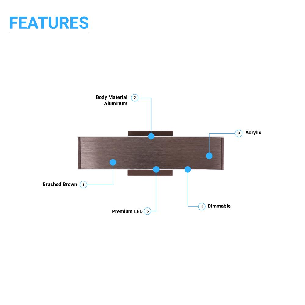 2-Lights, Indoor Rectangular Wall Sconce with Brushed brown Body Finish, 3000K, Dimmable
