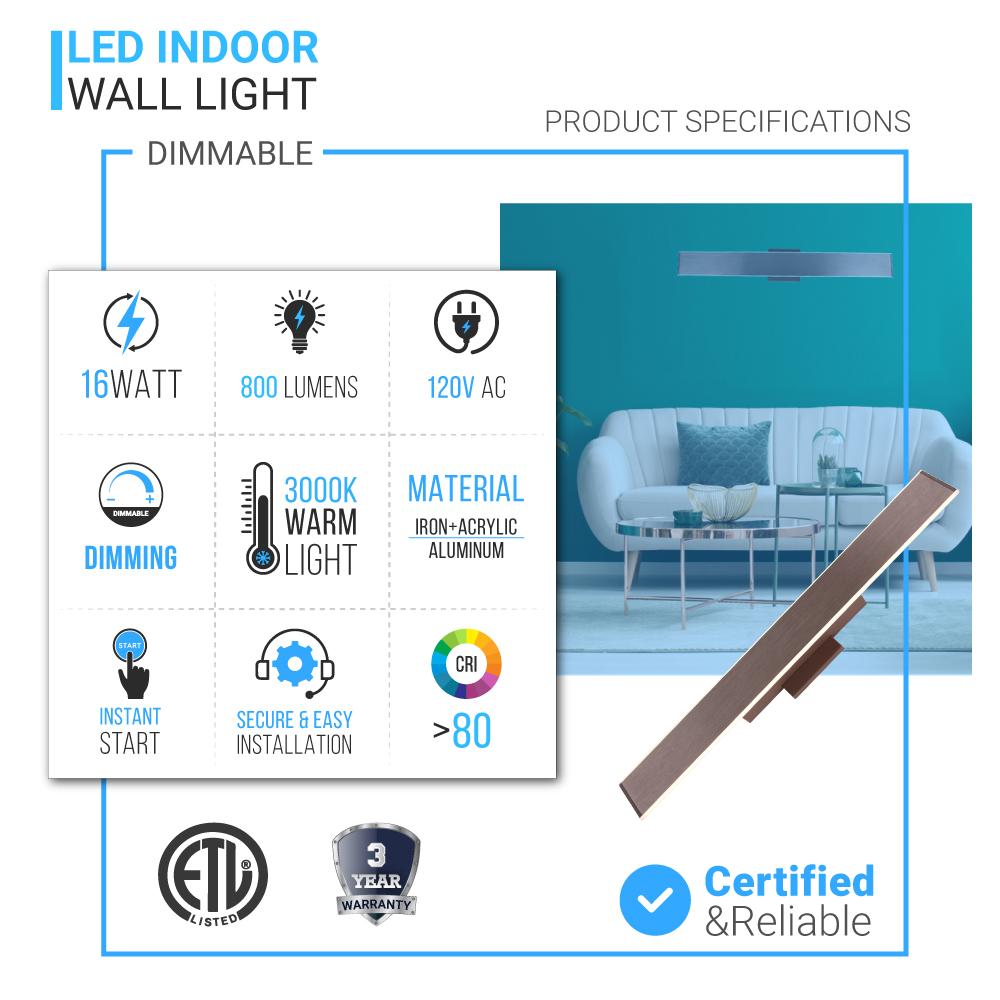 2-Lights, Indoor Rectangular Wall Sconce with Brushed brown Body Finish, 3000K, Dimmable