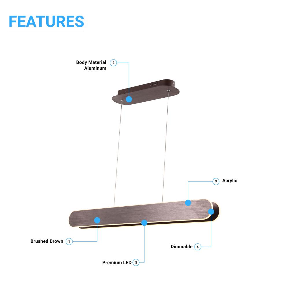 2-Lights, LED Linear Suspension Light, Pendant Mounting, 40W, 3000K, 2000LM, Brushed brown Body Finish, Dimmable