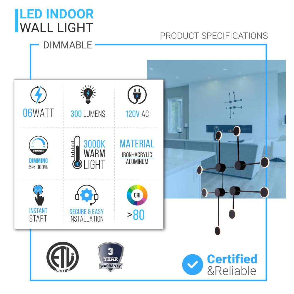 2-Lights, LED Wall Sconce Light 6W/Head, 3000K, 300LM/Head, Integrated LED Light Combination, 120V Dimmable, Matte Black Body Finish