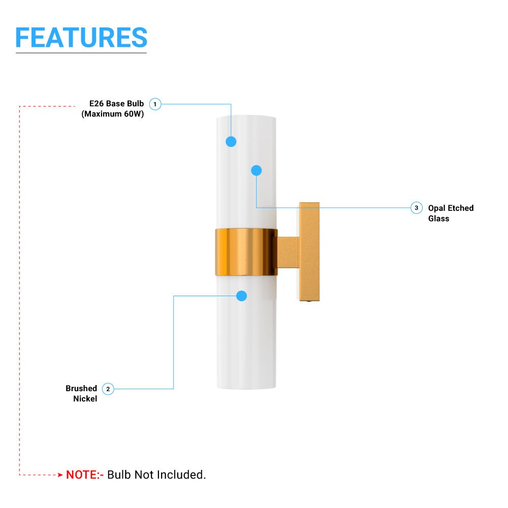 2-Lights, Wall Sconce with White Glass Shade, Brushed Brass Finish, Dim: L13.5"xW4.45"xE5", Hallway Light Fixtures