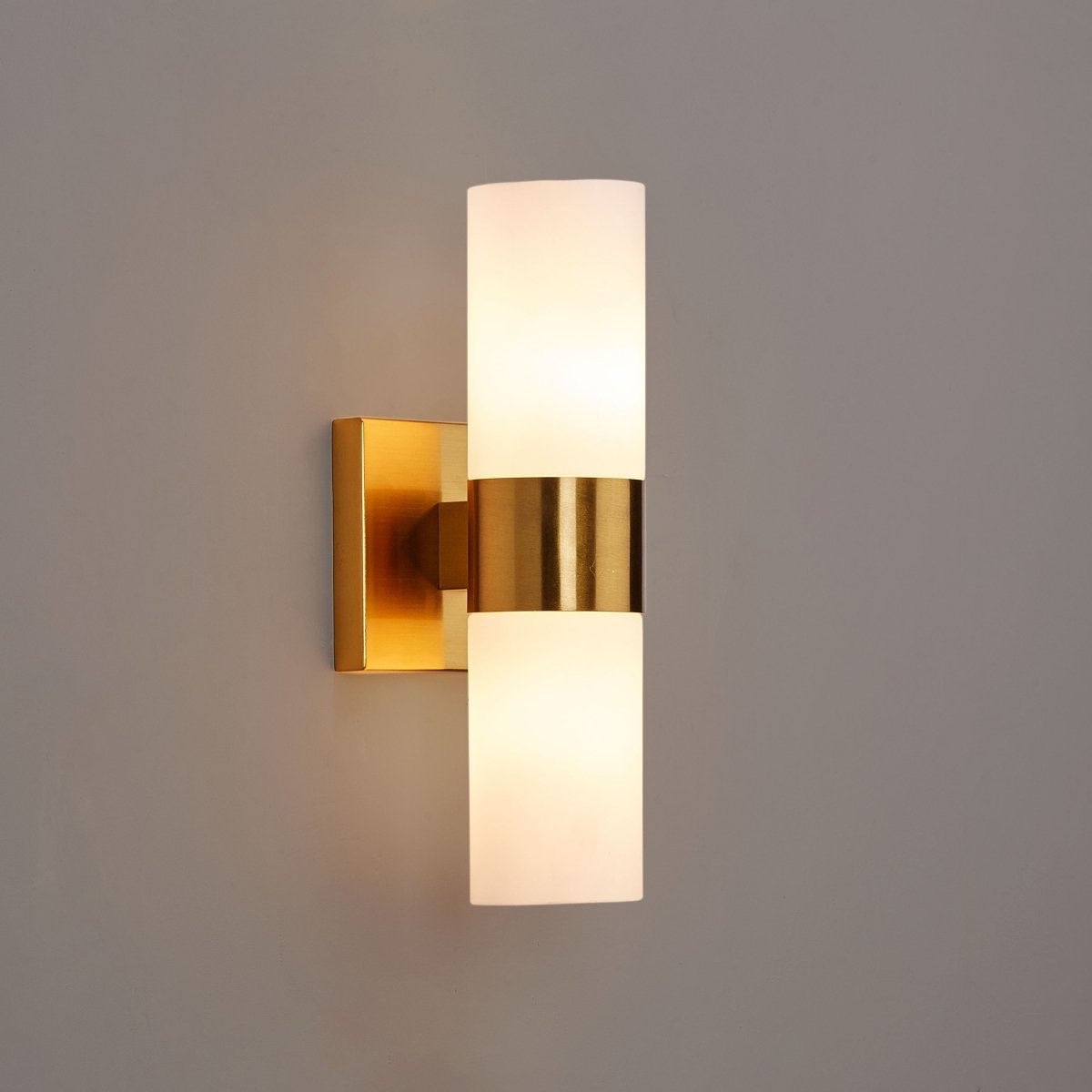 2-Lights, Wall Sconce with White Glass Shade, Brushed Brass Finish, Dim: L13.5"xW4.45"xE5", Hallway Light Fixtures