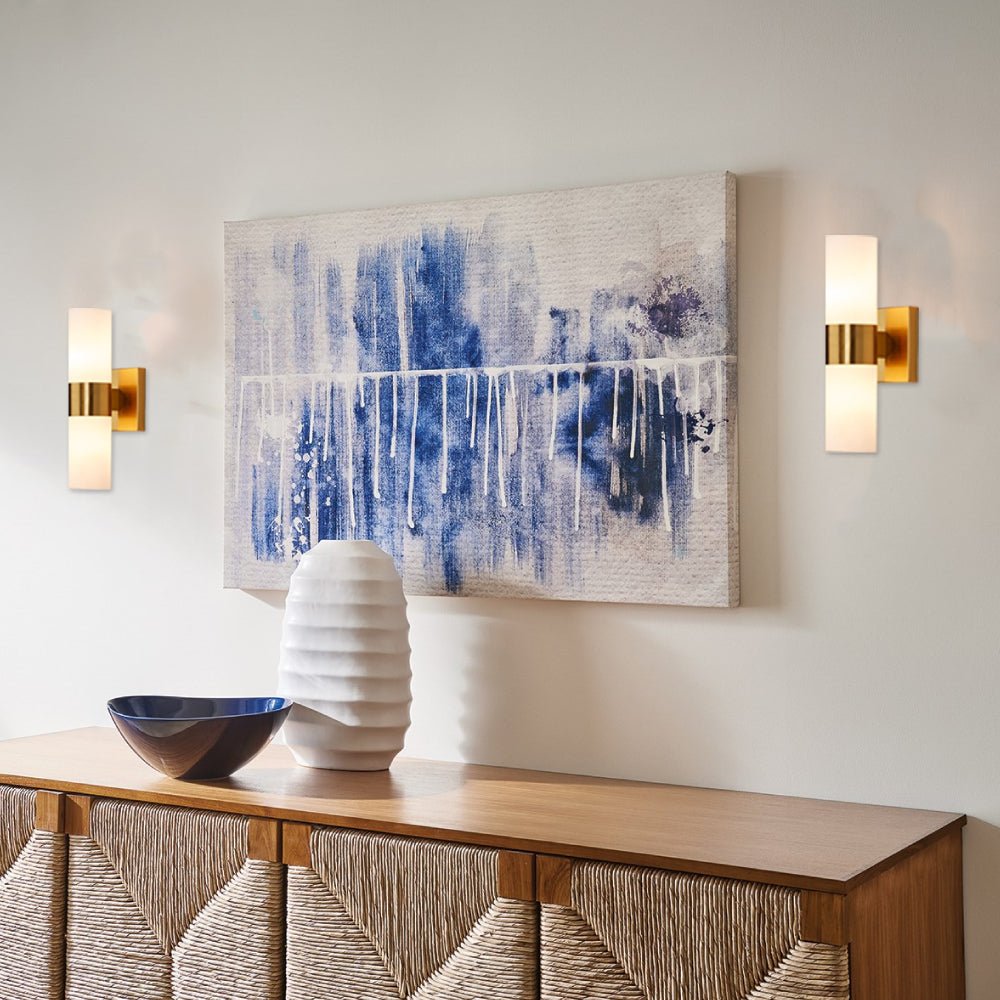2-Lights, Wall Sconce with White Glass Shade, Brushed Brass Finish, Dim: L13.5"xW4.45"xE5", Hallway Light Fixtures