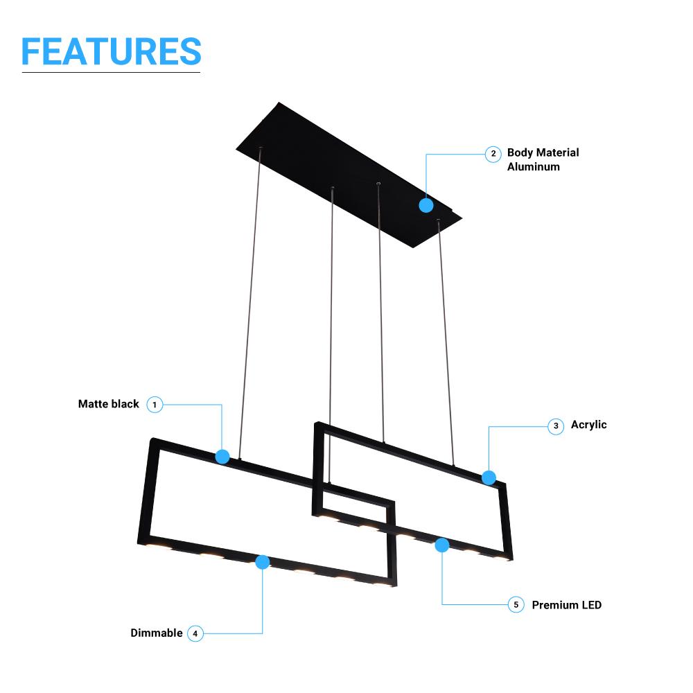 2-Rectangle Lights, 38W, 3000K, 1900LM, LED Kitchen Island Light Pendant For Dining Living Room, Dimmable, Matte black Body Finish