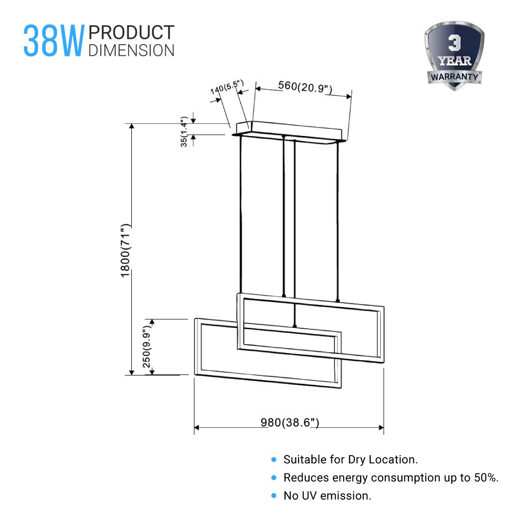 2-Rectangle Lights, 38W, 3000K, 1900LM, LED Kitchen Island Light Pendant For Dining Living Room, Dimmable, Matte black Body Finish