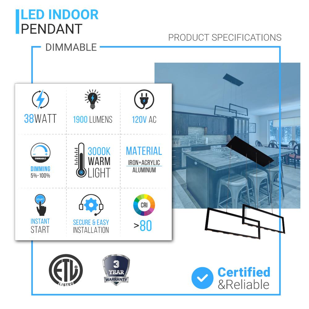 2-Rectangle Lights, 38W, 3000K, 1900LM, LED Kitchen Island Light Pendant For Dining Living Room, Dimmable, Matte black Body Finish