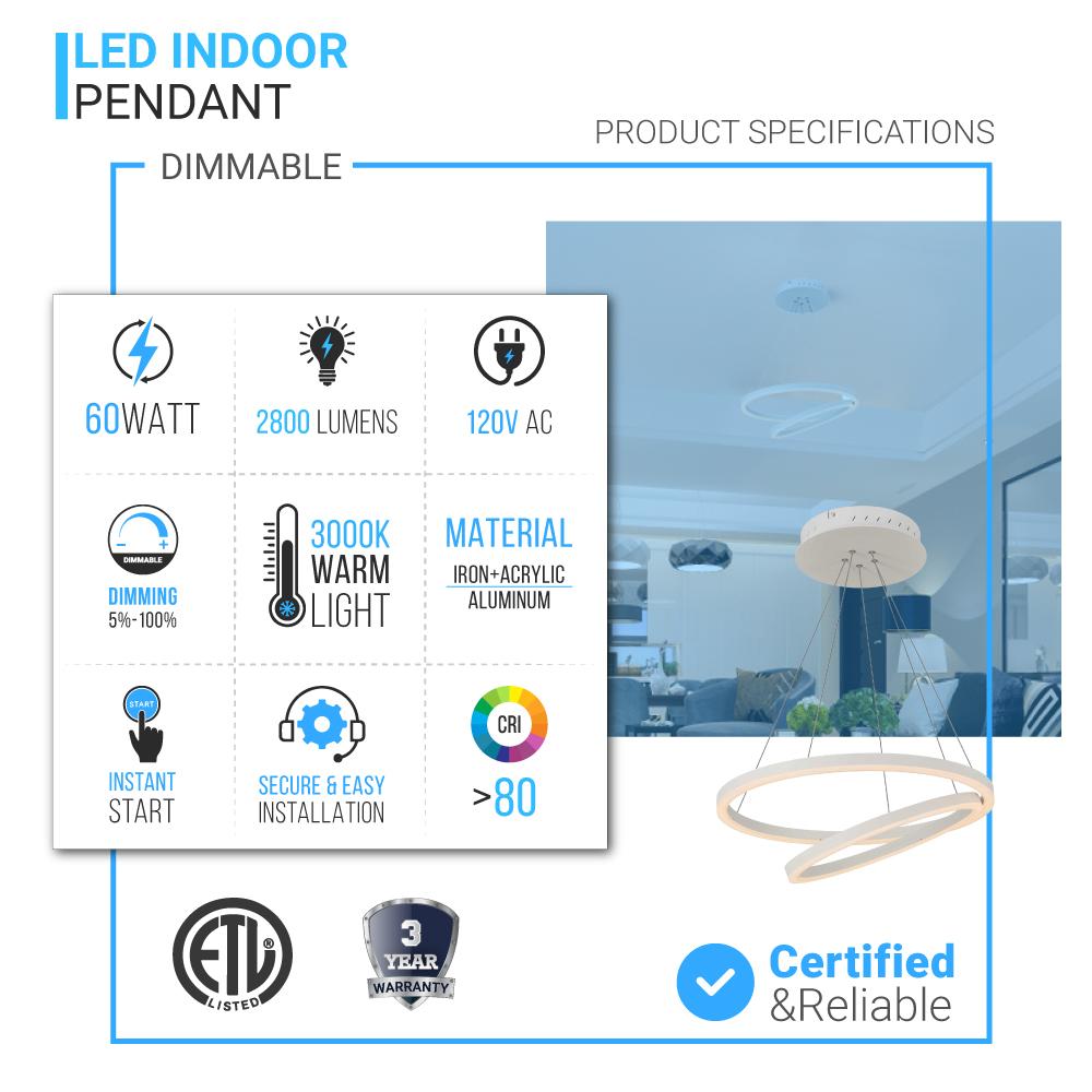 2-Ring, Circular LED Chandelier, 60W, 3000K, 2800LM, Dimmable, 5 Years Warranty