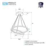 2-Ring, Circular LED Chandelier, 60W, 3000K, 2800LM, Dimmable, 5 Years Warranty
