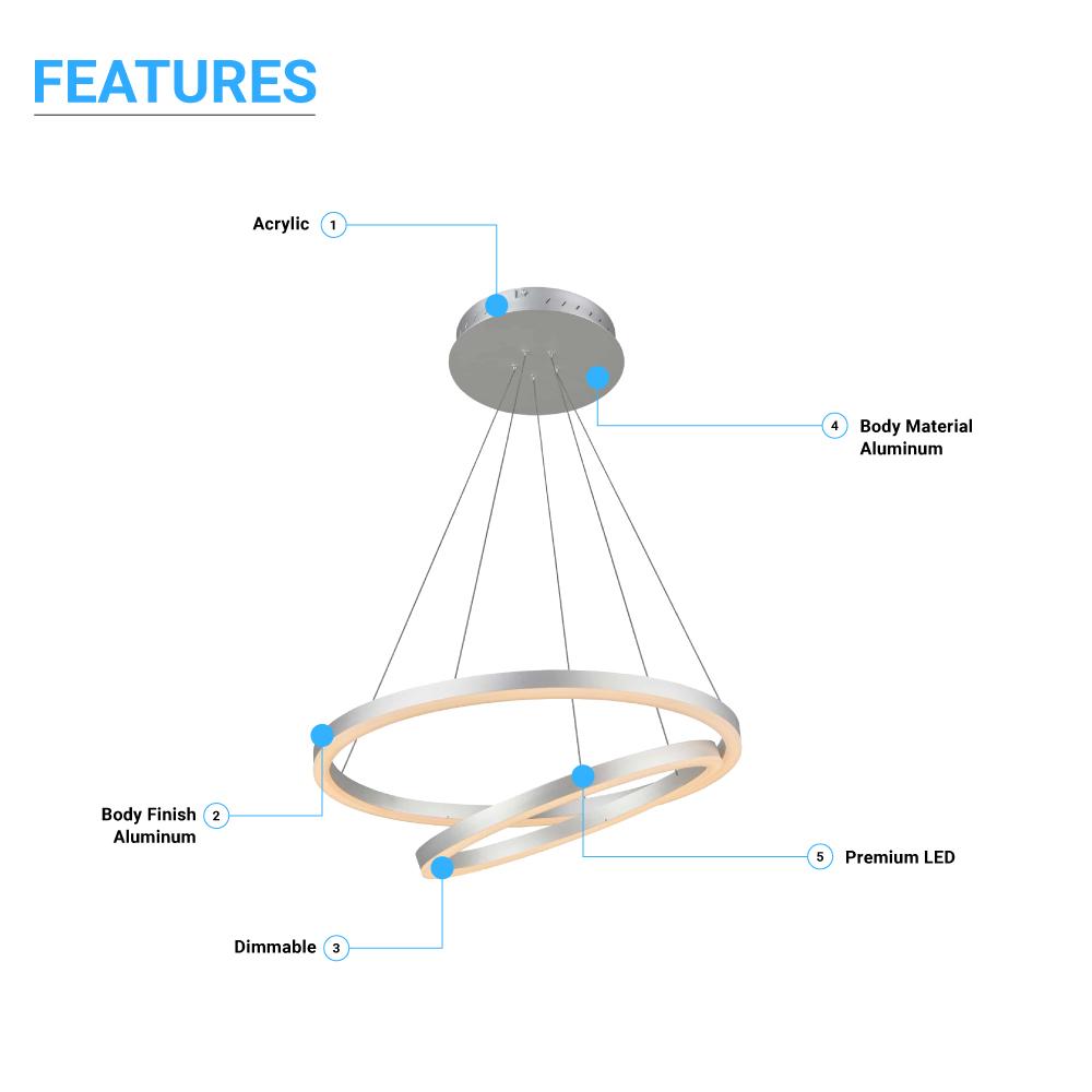 2-Ring, Circular LED Chandelier, 60W, 3000K, 2800LM, Dimmable, 5 Years Warranty