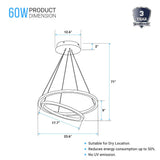 2-Ring, Circular LED Chandelier, 60W, 3000K, 2800LM, Dimmable, 5 Years Warranty