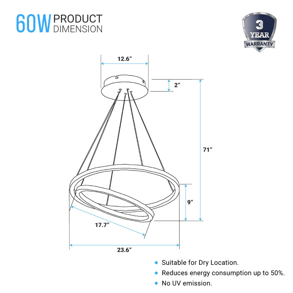2-Ring, Circular LED Chandelier, 60W, 3000K, 2800LM, Dimmable, 5 Years Warranty