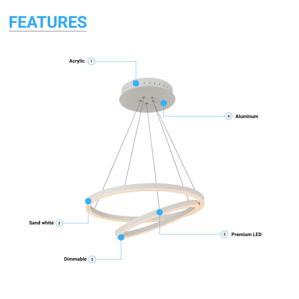 2-Ring, Circular LED Chandelier, 60W, 3000K, 2800LM, Dimmable, 5 Years Warranty