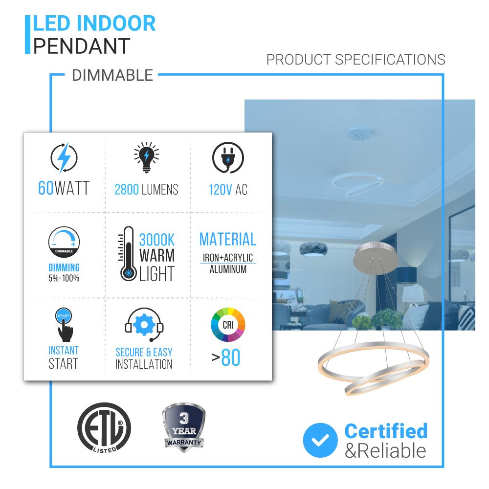 2-Ring, Circular LED Chandelier, 60W, 3000K, 2800LM, Dimmable, 5 Years Warranty