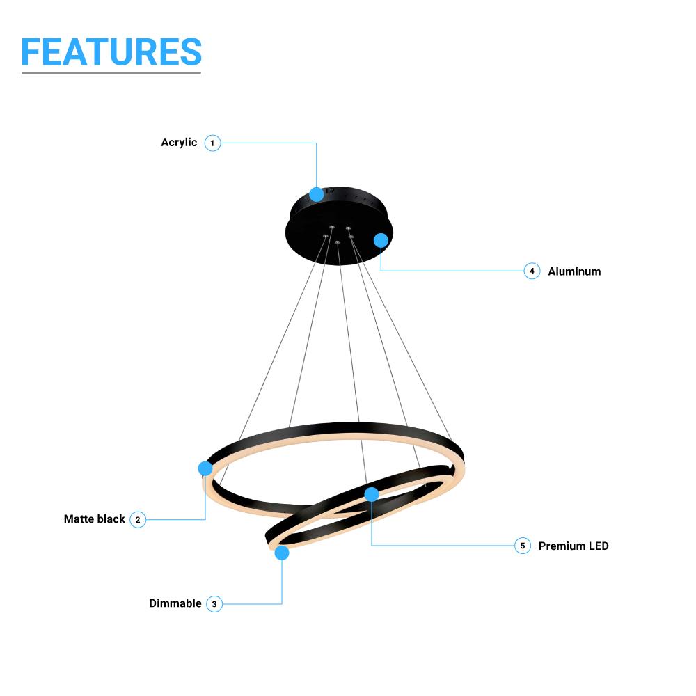 2-Ring, Circular LED Chandelier, 60W, 3000K, 2800LM, Dimmable, 5 Years Warranty