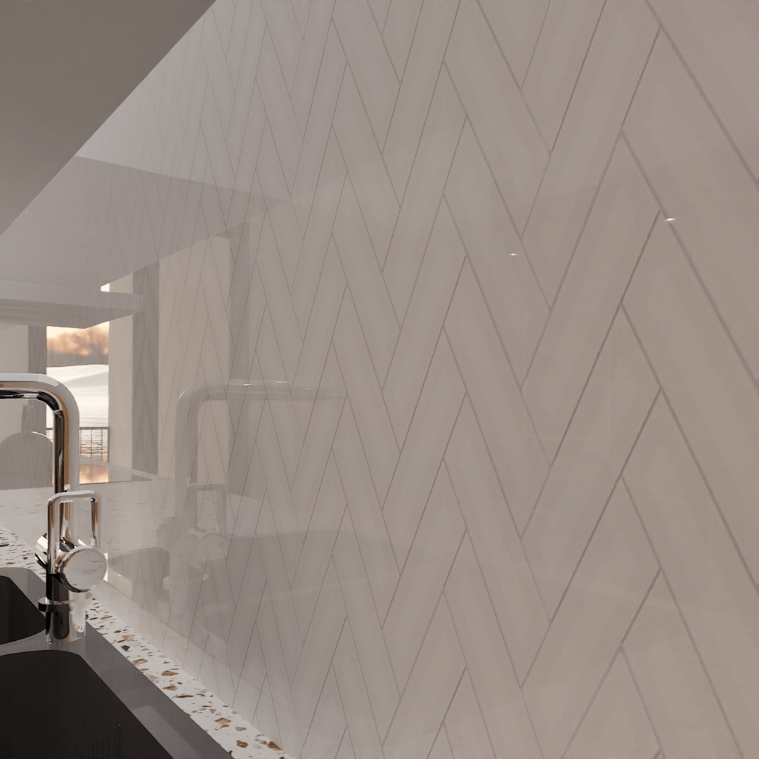 2 X 6 In Herringbone Soho Canvas White Glossy Glazed Porcelain Mosaic