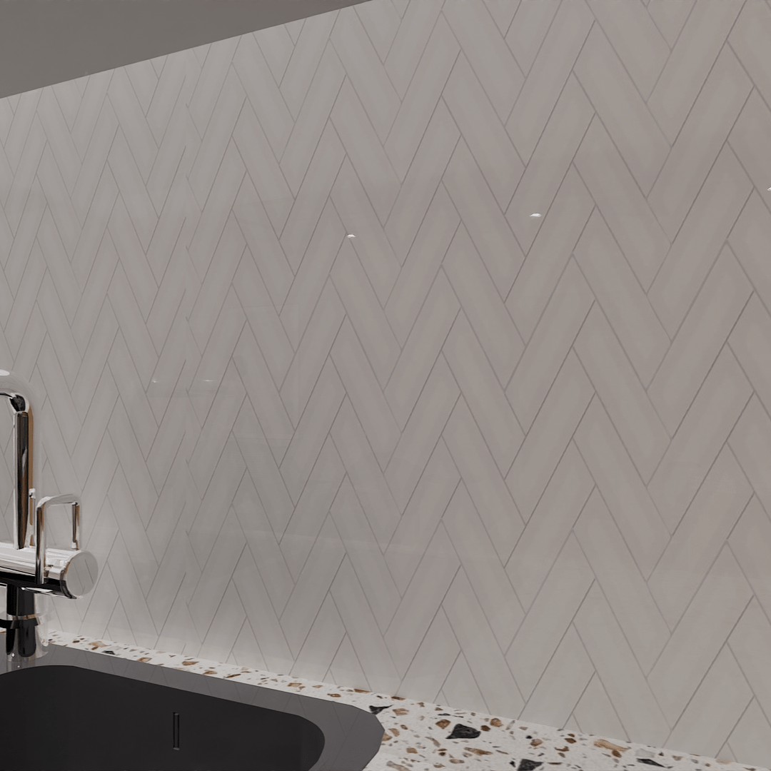 2 X 6 In Herringbone Soho Canvas White Glossy Glazed Porcelain Mosaic