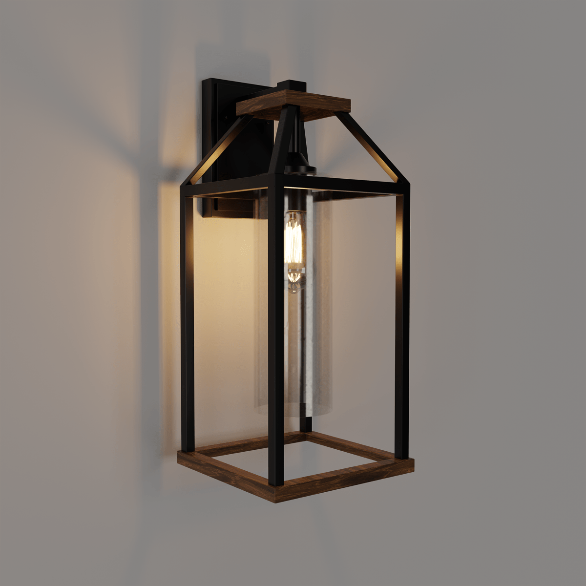 20-in Black and Wood Outdoor Farmhouse Wall Lantern, 1-Light Wall Lamp Sconce, Clear Seeded Glass - 8.82"L x 7.87"W x 18.74"H