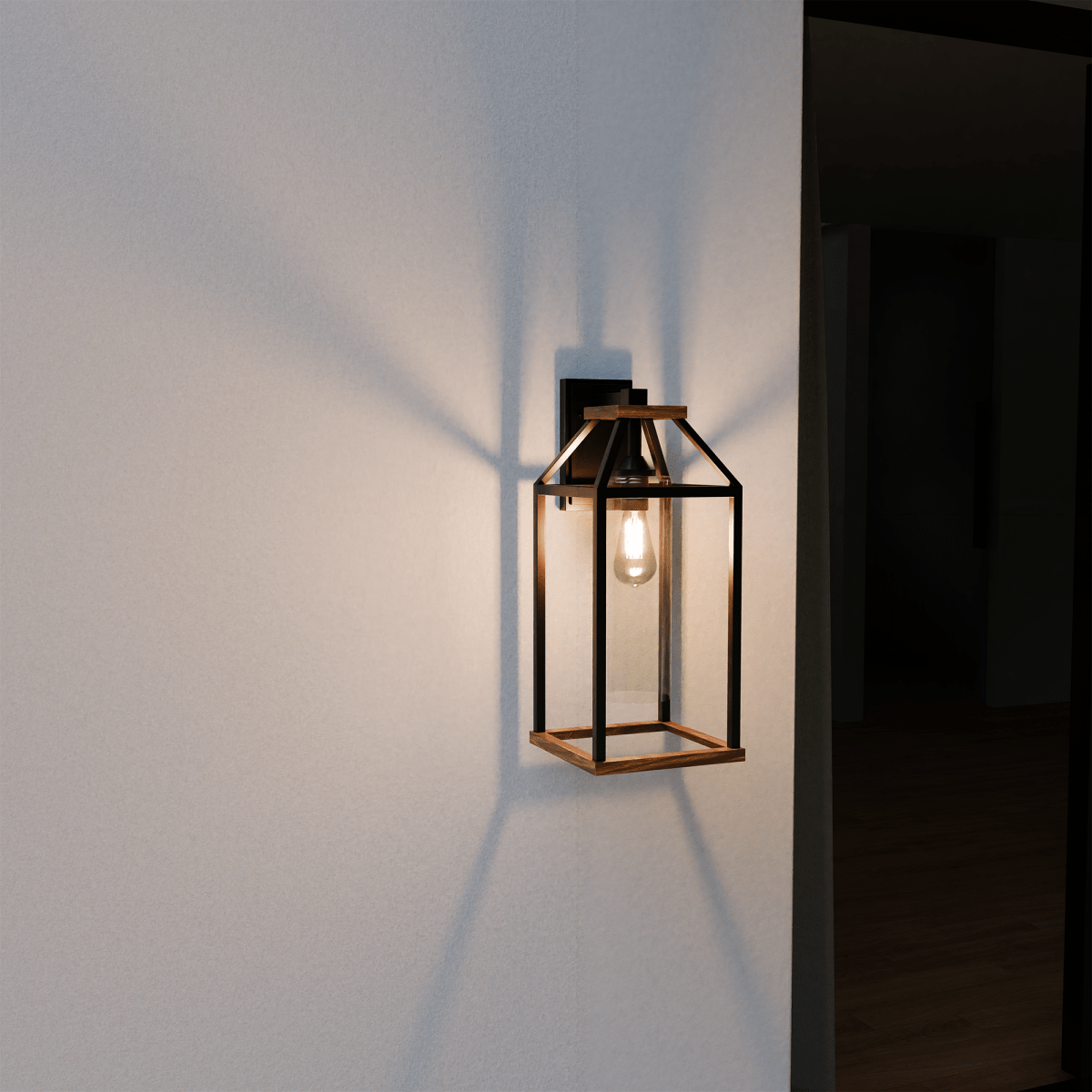 20-in Black and Wood Outdoor Farmhouse Wall Lantern, 1-Light Wall Lamp Sconce, Clear Seeded Glass - 8.82"L x 7.87"W x 18.74"H