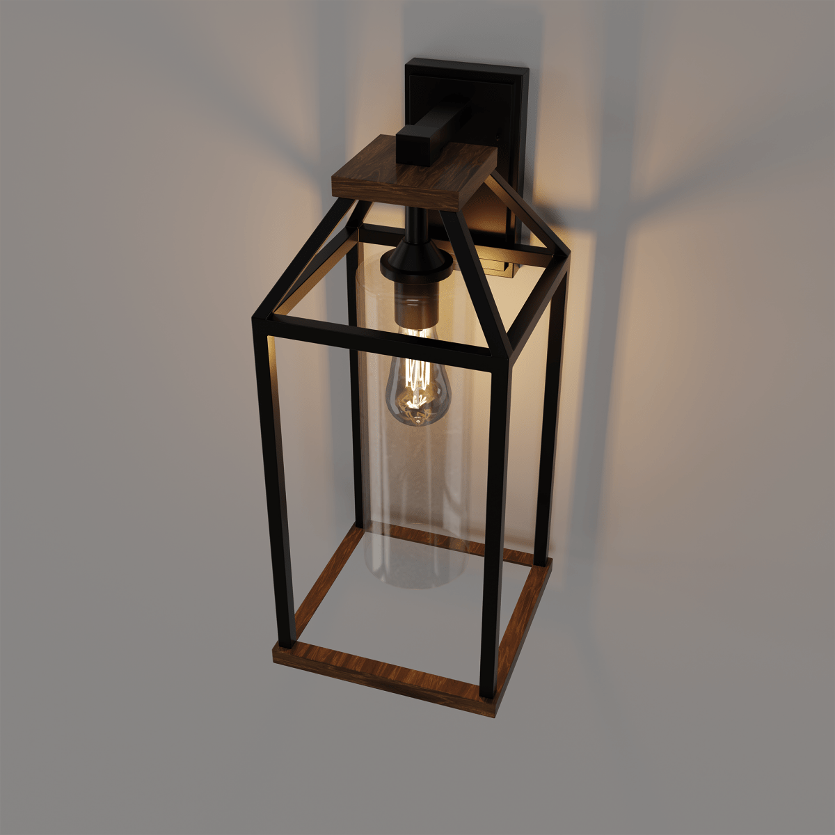 20-in Black and Wood Outdoor Farmhouse Wall Lantern, 1-Light Wall Lamp Sconce, Clear Seeded Glass - 8.82"L x 7.87"W x 18.74"H