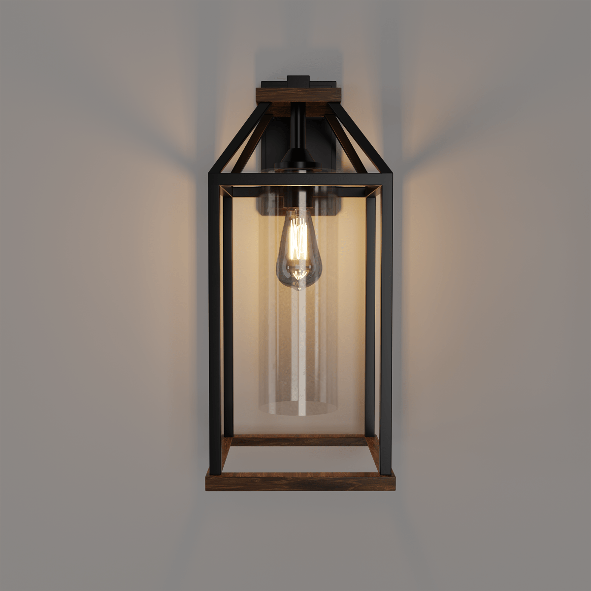 20-in Black and Wood Outdoor Farmhouse Wall Lantern, 1-Light Wall Lamp Sconce, Clear Seeded Glass - 8.82"L x 7.87"W x 18.74"H