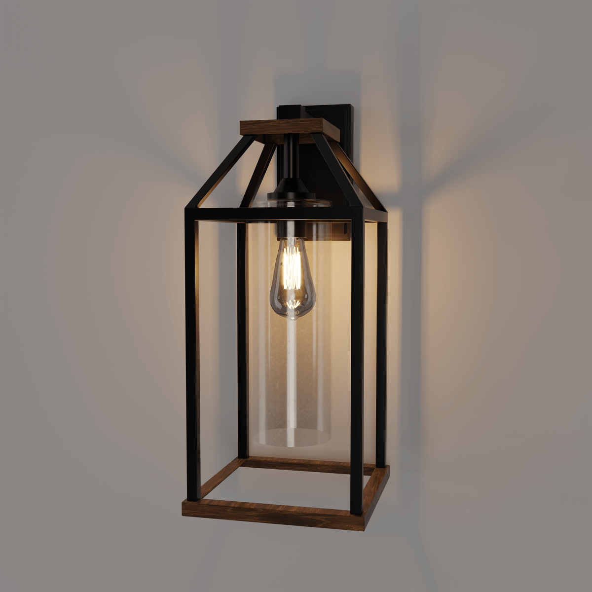20-in Black and Wood Outdoor Farmhouse Wall Lantern, 1-Light Wall Lamp Sconce, Clear Seeded Glass - 8.82"L x 7.87"W x 18.74"H