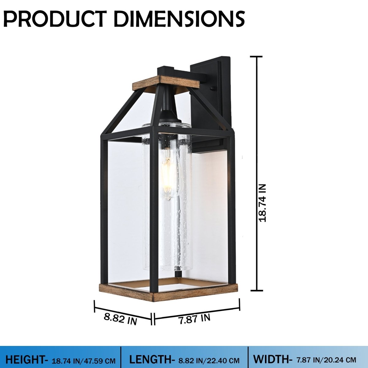 20-in Black and Wood Outdoor Farmhouse Wall Lantern, 1-Light Wall Lamp Sconce, Clear Seeded Glass - 8.82"L x 7.87"W x 18.74"H