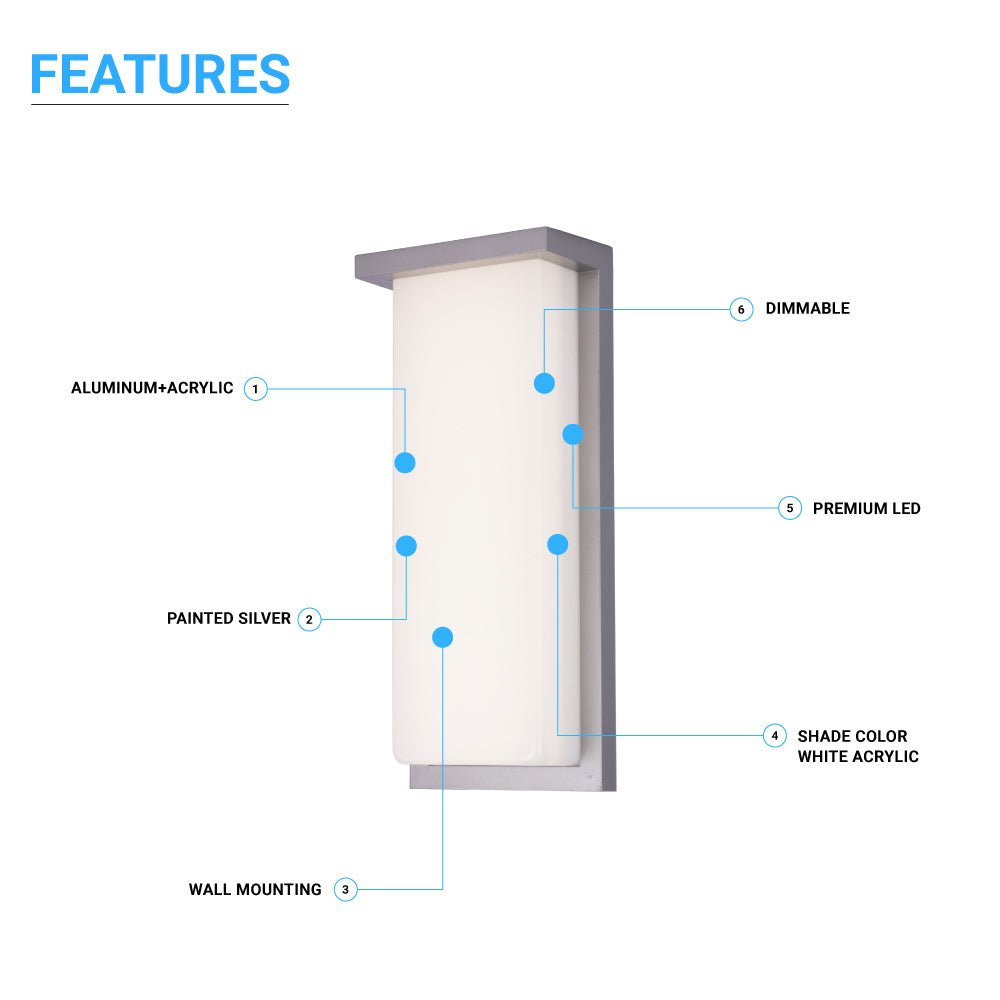 20W Modern LED Outdoor Wall Sconce Light 5000K 600LM White Acrylic Shade, 120-277V Non-Dimmable, ETL Listed, Wet Location, Painted Silver Finish