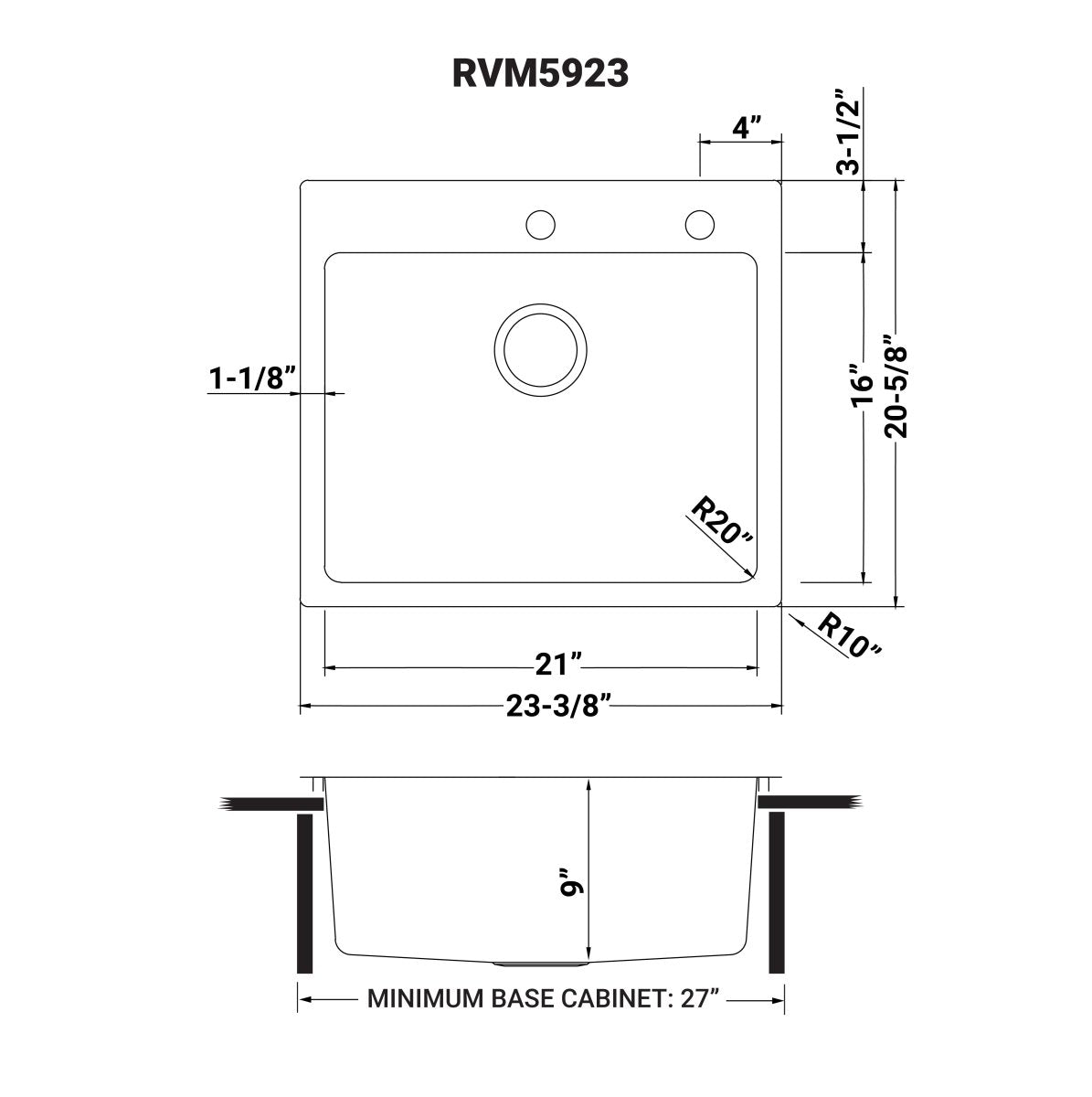 23 x 20 inch Drop-in Topmount Kitchen Sink 16 Gauge Stainless Steel Single Bowl
