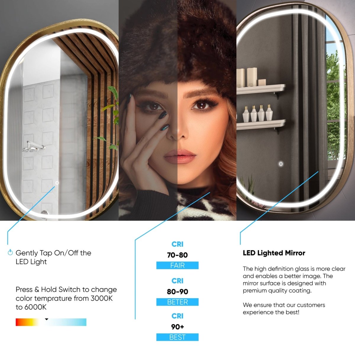 24 in. X 36 in. LED Lighted Bathroom Mirror with Gold Frame, Touch Sensor Switch and CCT Remembrance, CRI 90+, Evo Style
